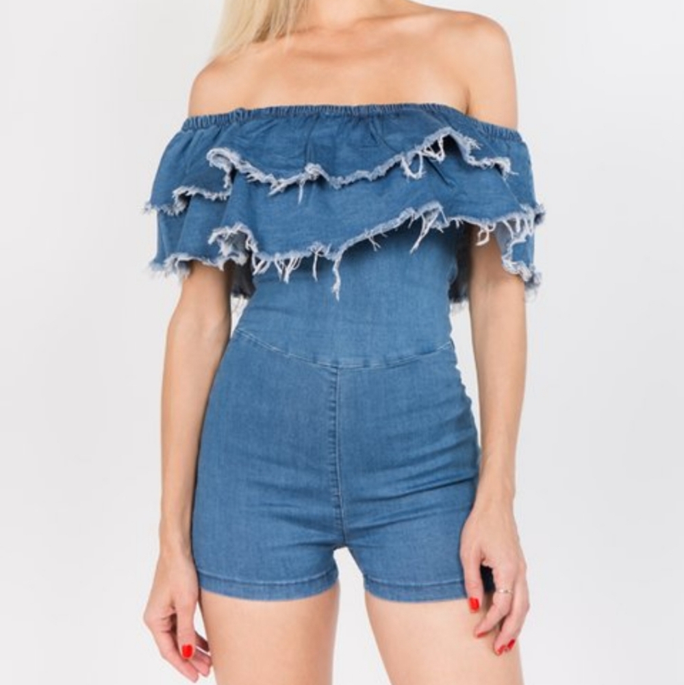 Blue denim off-shoulder romper